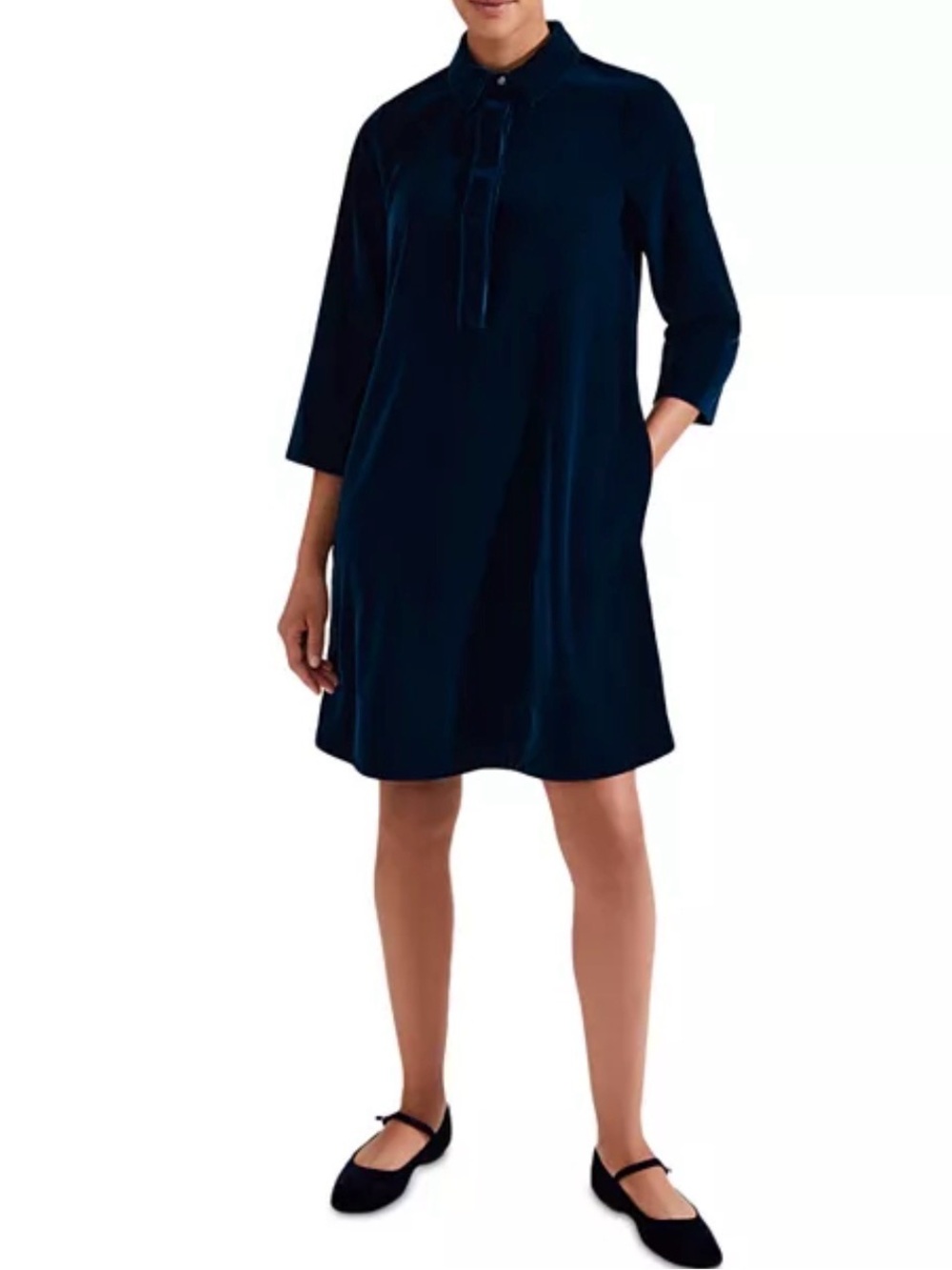 Hobbs London Alessia Velvet Jersey Shirt Dress Navy US 8 Collared Velvet Pockets